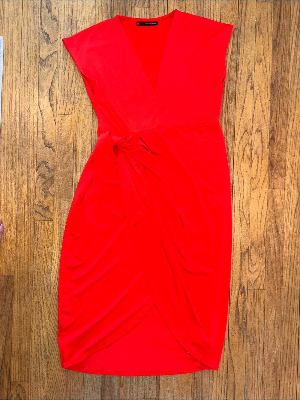 Sfera Red Midi Wrap Dress with faux Self-Tie Waist